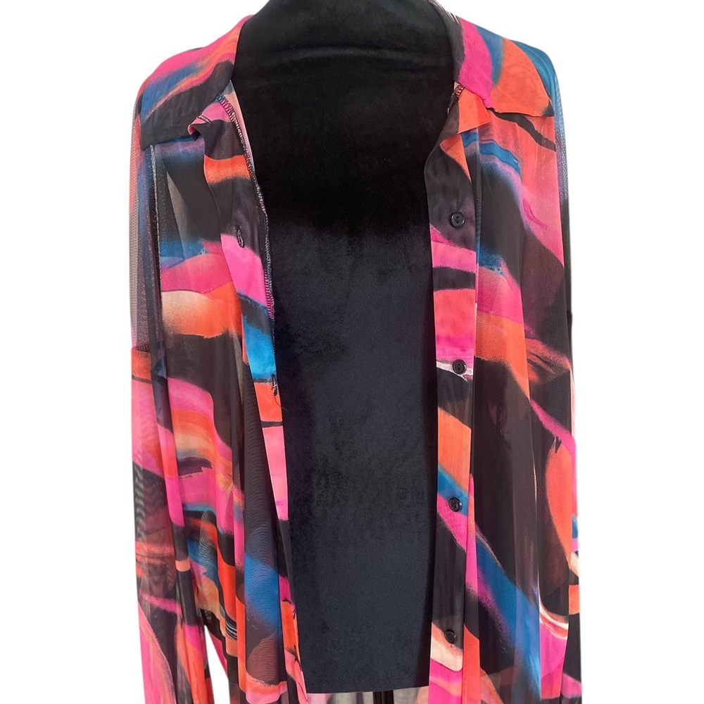 Multi colored Colorful Long Sheer Button-Up Shirt,Dress,Top,Bathing suit cover - Picture 6 of 10